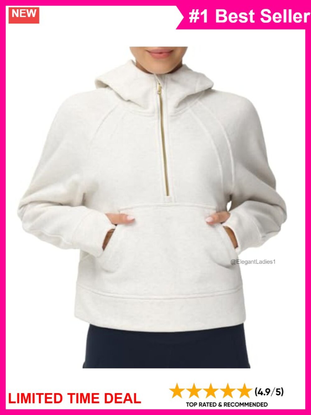 Fleece Lined Half Zip Crop Hoodie Pullover with Thumb Holes and Kangaroo Pocket